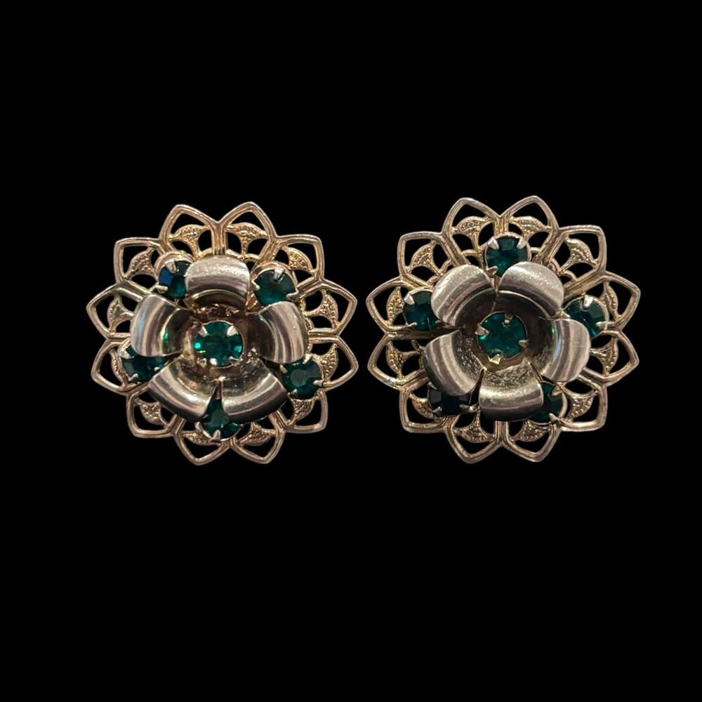 Vintage Green Rhinestone Filigree Flower Screw Back Gold & Silver Tone Earrings